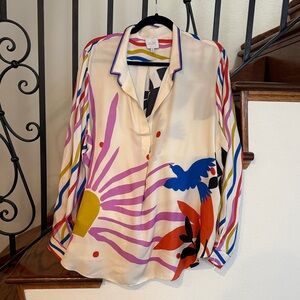 Johny Was Jade silk blend colorful Women's Top with Bird and Floral Design